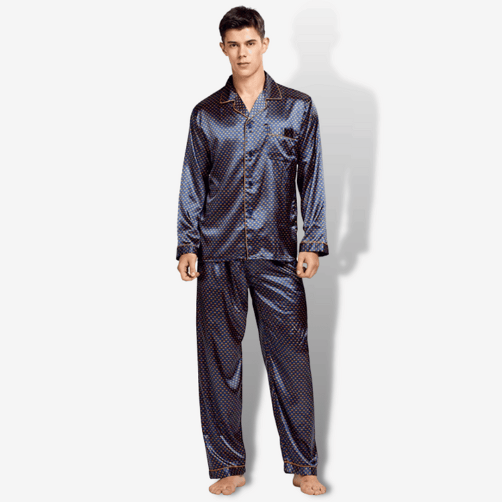 Pigiama Uomo In Seta Pura Con Stampa Catena Navy Maniche Lunghe Con Pantaloni main image 1
